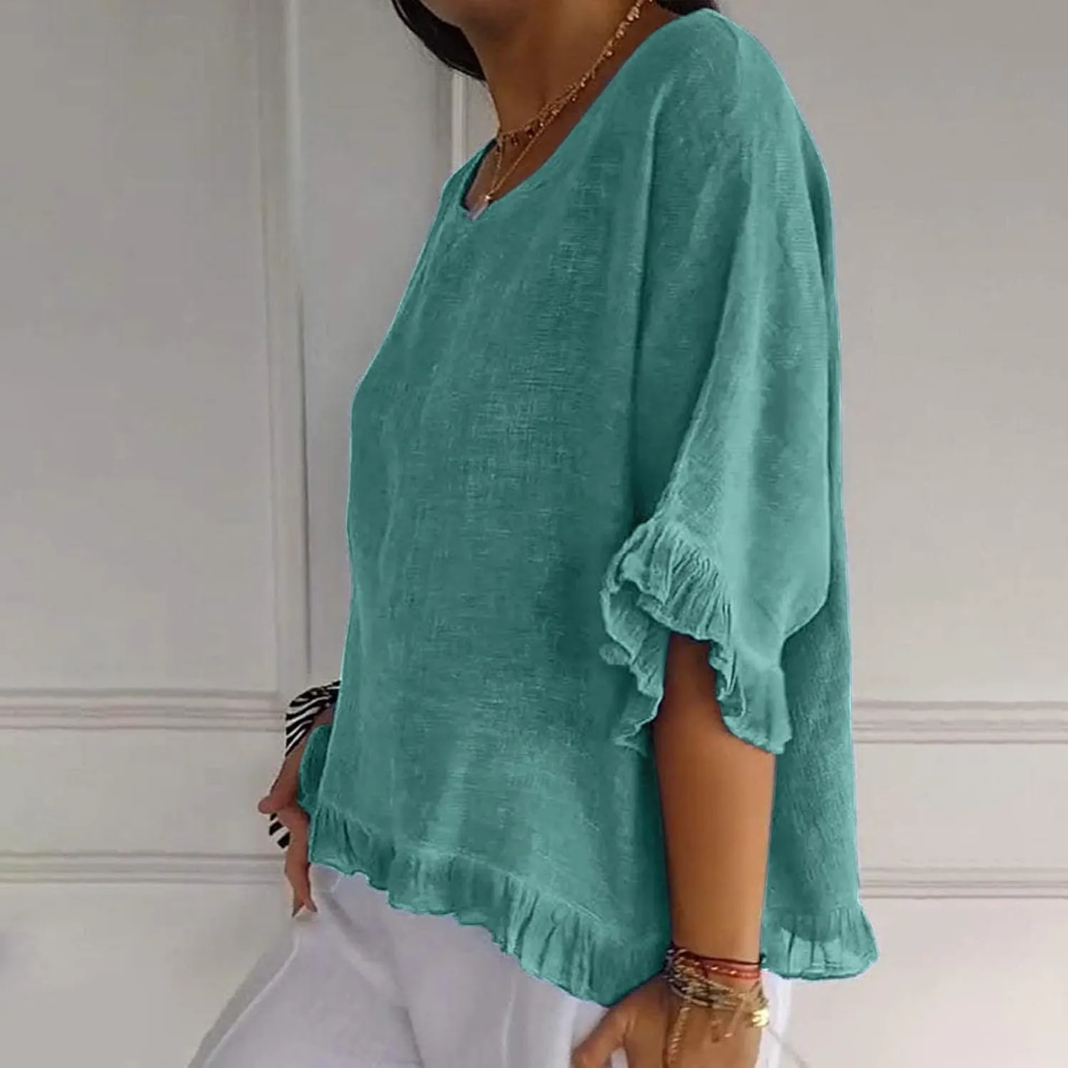 Women Cotton Linen Crewneck Shirts Ruffled Hem Tops Casual Half Sleeve Tees Summer Outfits Loose Fit Tees Boho Tops