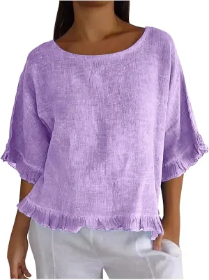 Women Cotton Linen Crewneck Shirts Ruffled Hem Tops Casual Half Sleeve Tees Summer Outfits Loose Fit Tees Boho Tops