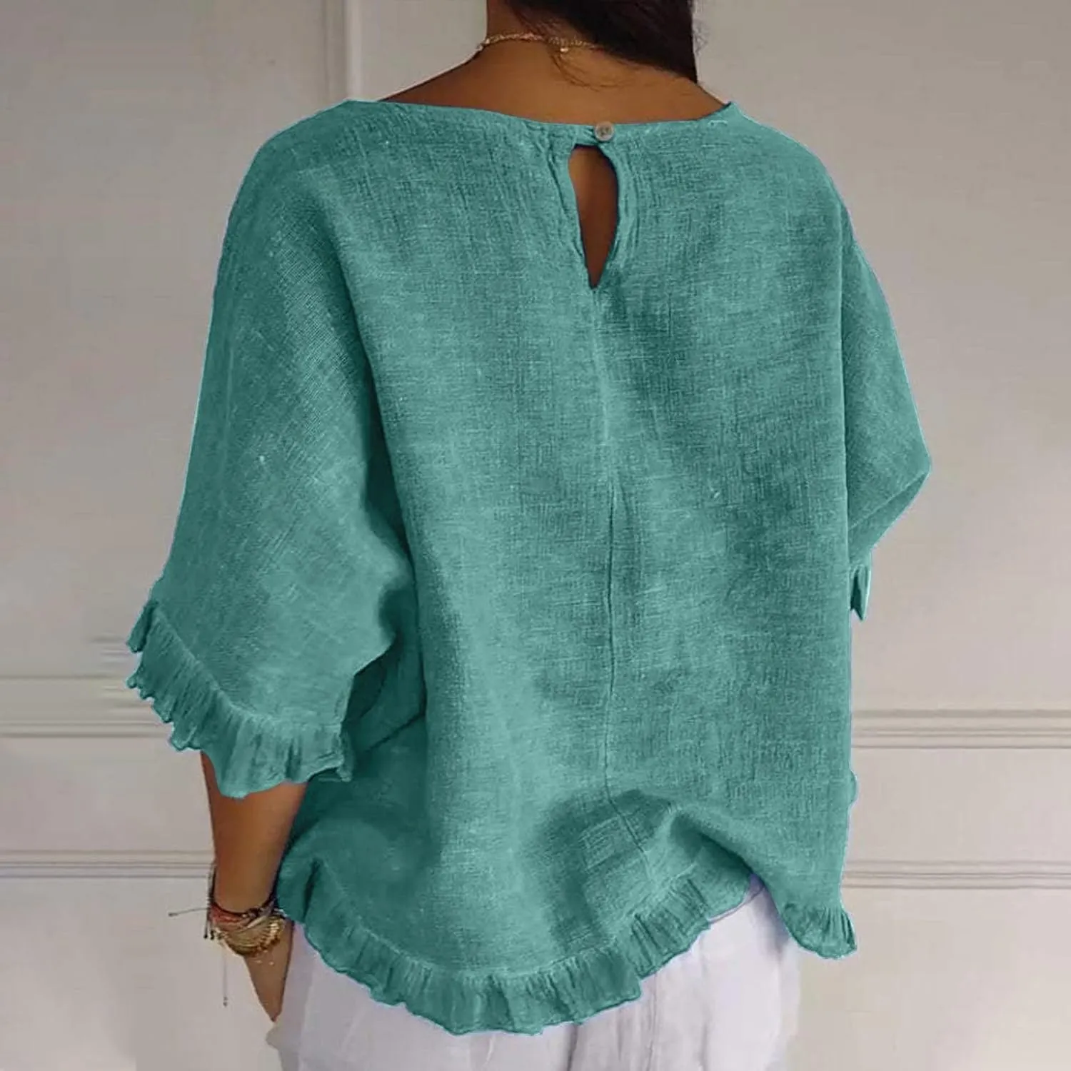 Women Cotton Linen Crewneck Shirts Ruffled Hem Tops Casual Half Sleeve Tees Summer Outfits Loose Fit Tees Boho Tops
