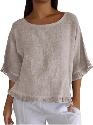 Women Cotton Linen Crewneck Shirts Ruffled Hem Tops Casual Half Sleeve Tees Summer Outfits Loose Fit Tees Boho Tops