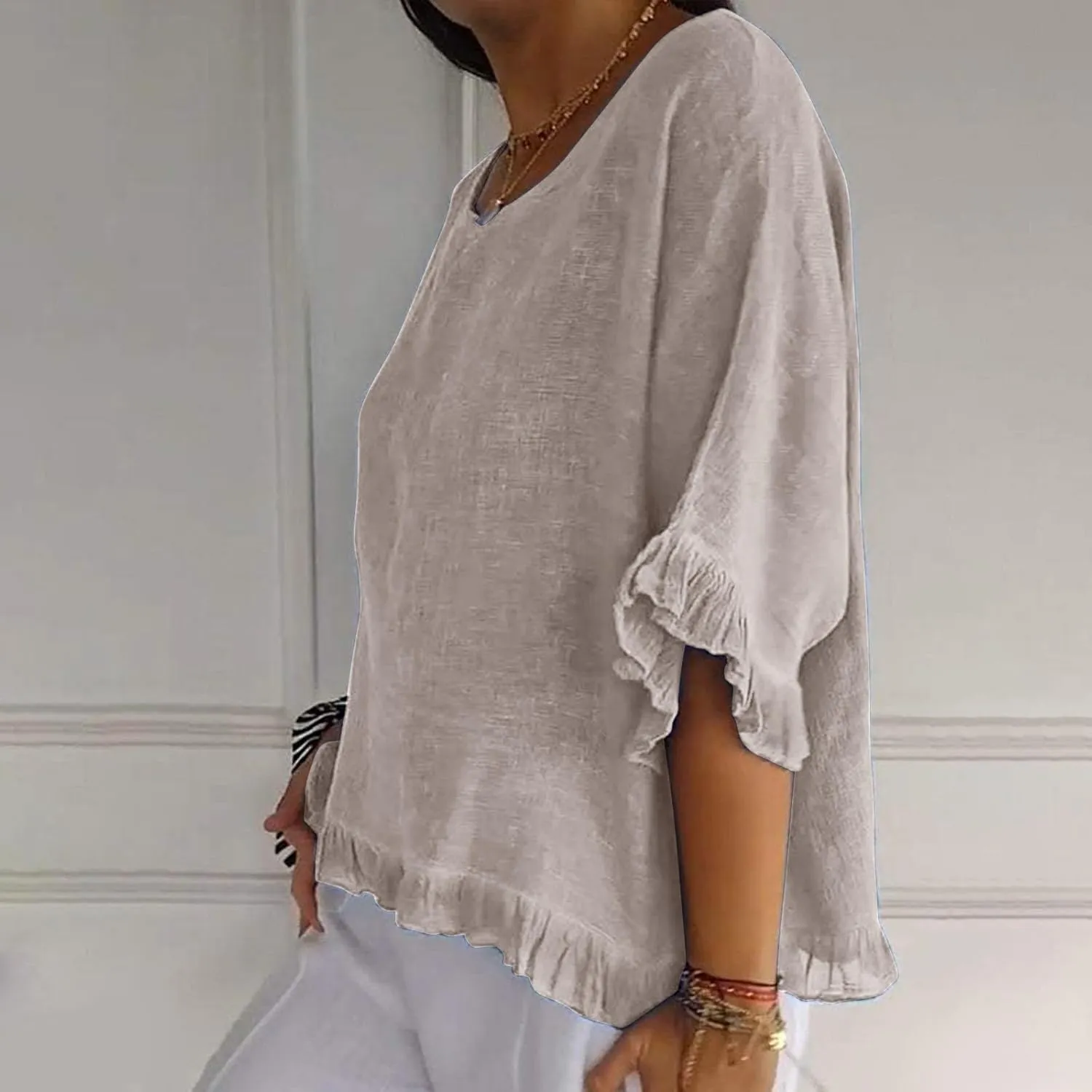 Women Cotton Linen Crewneck Shirts Ruffled Hem Tops Casual Half Sleeve Tees Summer Outfits Loose Fit Tees Boho Tops