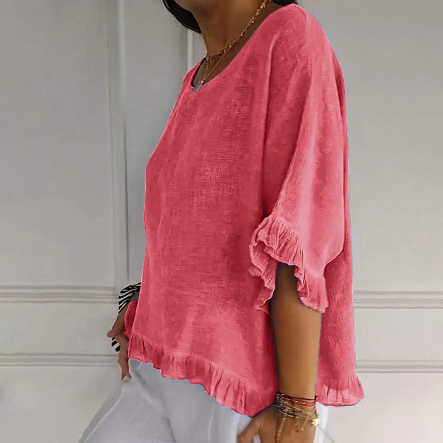 Women Cotton Linen Crewneck Shirts Ruffled Hem Tops Casual Half Sleeve Tees Summer Outfits Loose Fit Tees Boho Tops