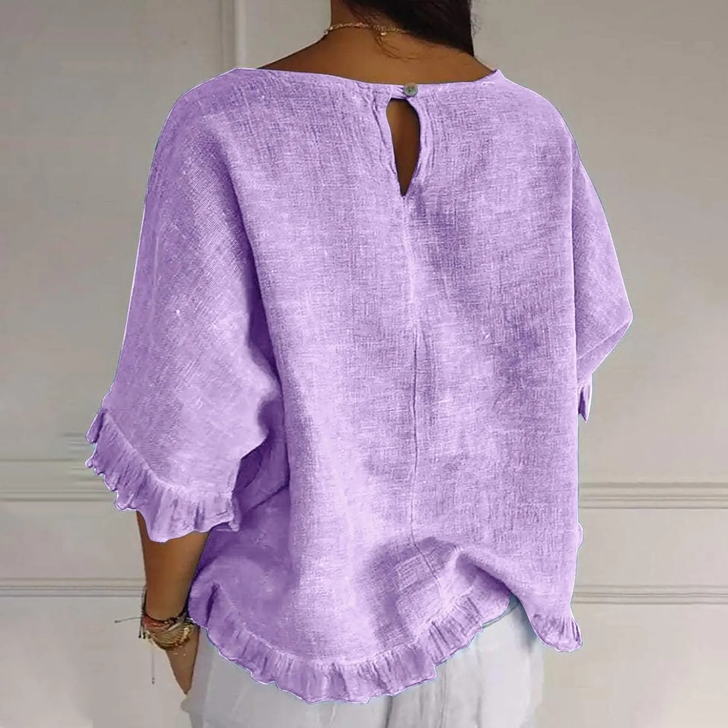 Women Cotton Linen Crewneck Shirts Ruffled Hem Tops Casual Half Sleeve Tees Summer Outfits Loose Fit Tees Boho Tops