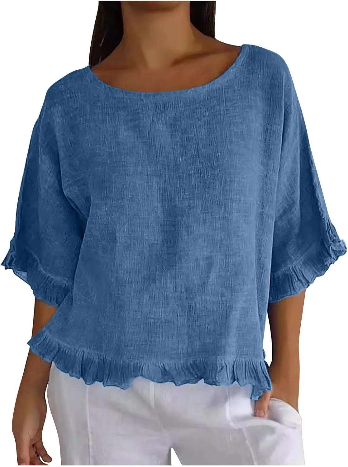 Women Cotton Linen Crewneck Shirts Ruffled Hem Tops Casual Half Sleeve Tees Summer Outfits Loose Fit Tees Boho Tops