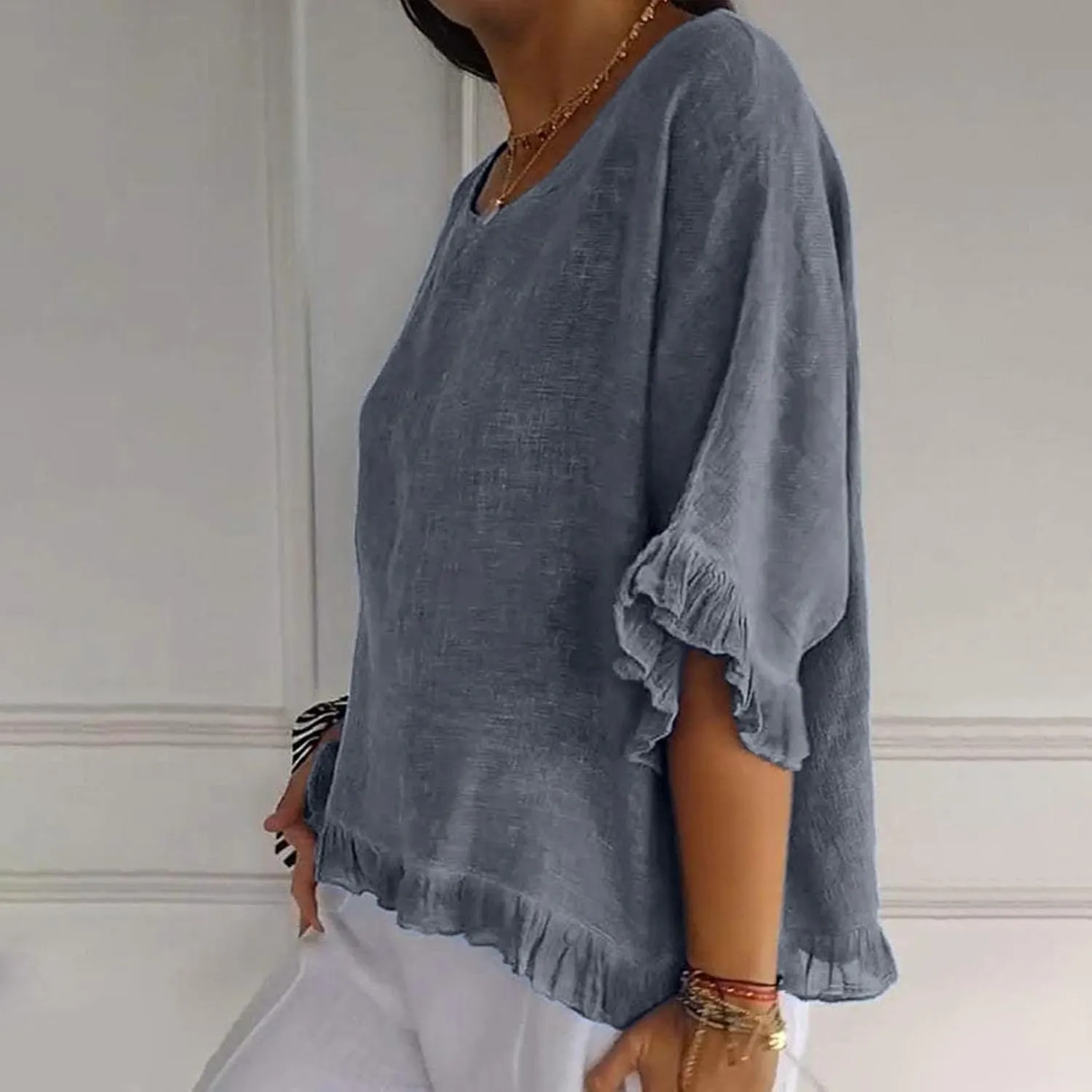 Women Cotton Linen Crewneck Shirts Ruffled Hem Tops Casual Half Sleeve Tees Summer Outfits Loose Fit Tees Boho Tops