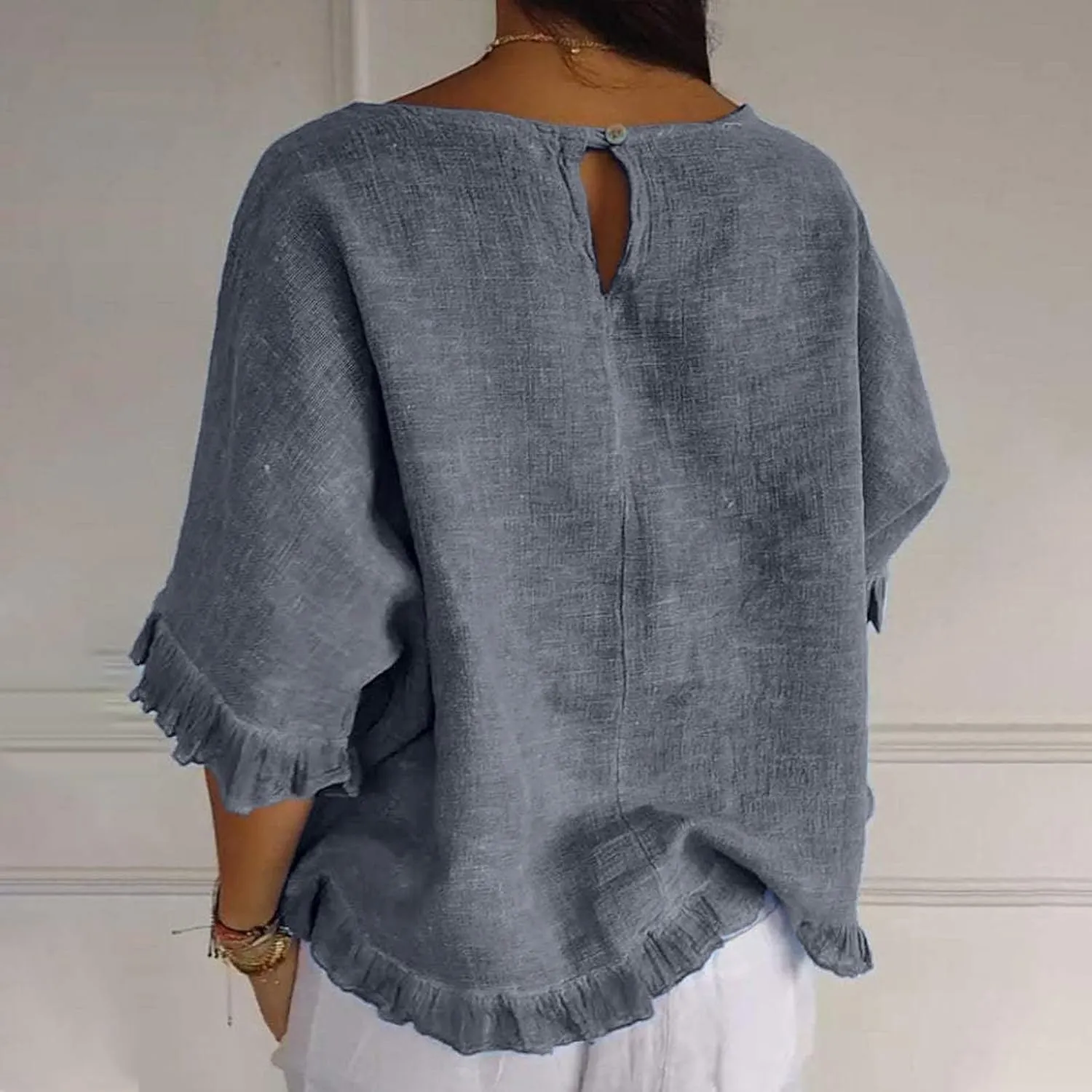 Women Cotton Linen Crewneck Shirts Ruffled Hem Tops Casual Half Sleeve Tees Summer Outfits Loose Fit Tees Boho Tops