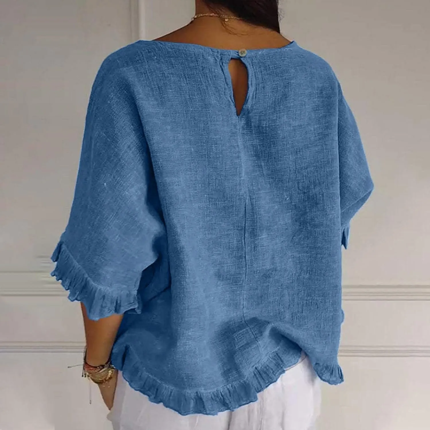 Women Cotton Linen Crewneck Shirts Ruffled Hem Tops Casual Half Sleeve Tees Summer Outfits Loose Fit Tees Boho Tops
