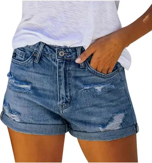 Women Denim Shorts Casual Summer Mid Waist Stretchy Jean Shorts Trendy Blue Ripped Frayed Raw Hem Distressed Shorts