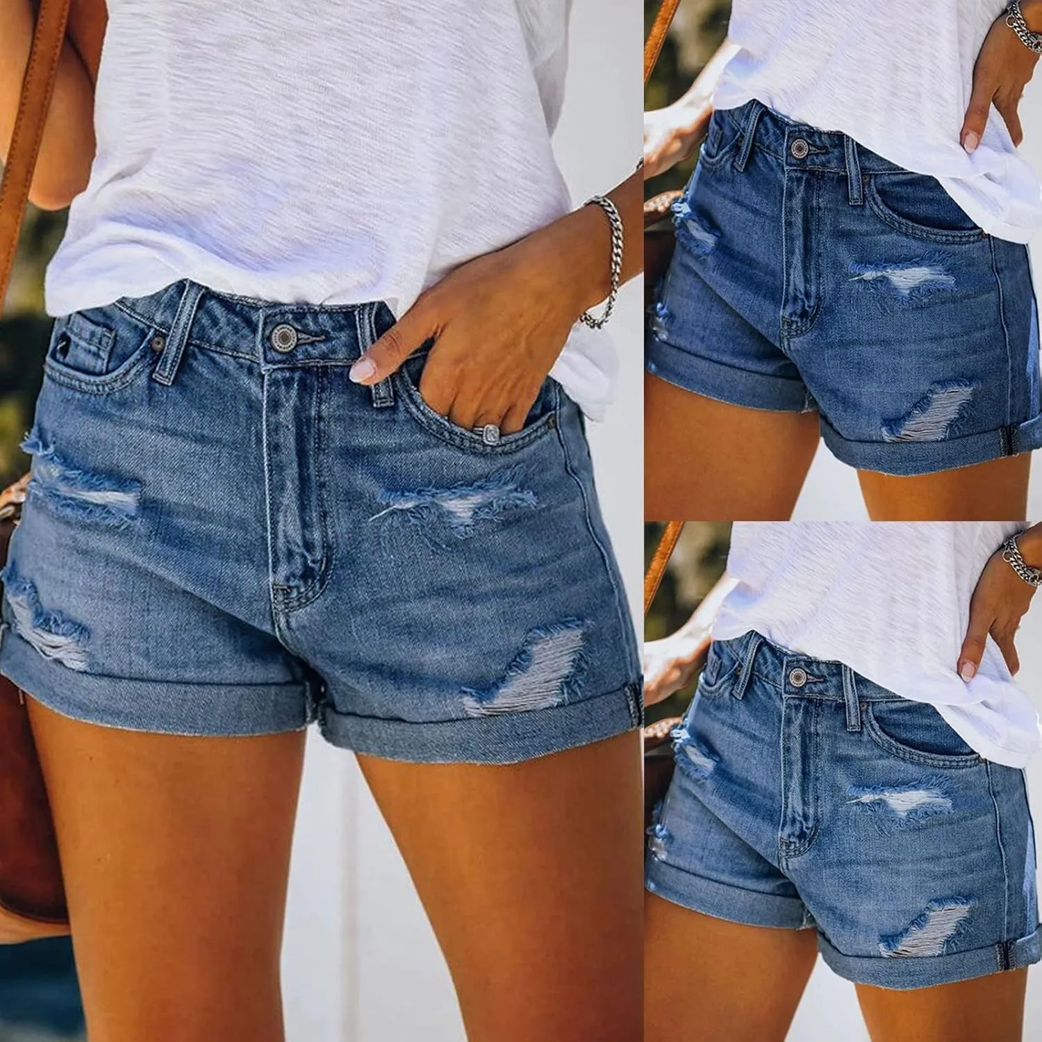 Women Denim Shorts Casual Summer Mid Waist Stretchy Jean Shorts Trendy Blue Ripped Frayed Raw Hem Distressed Shorts
