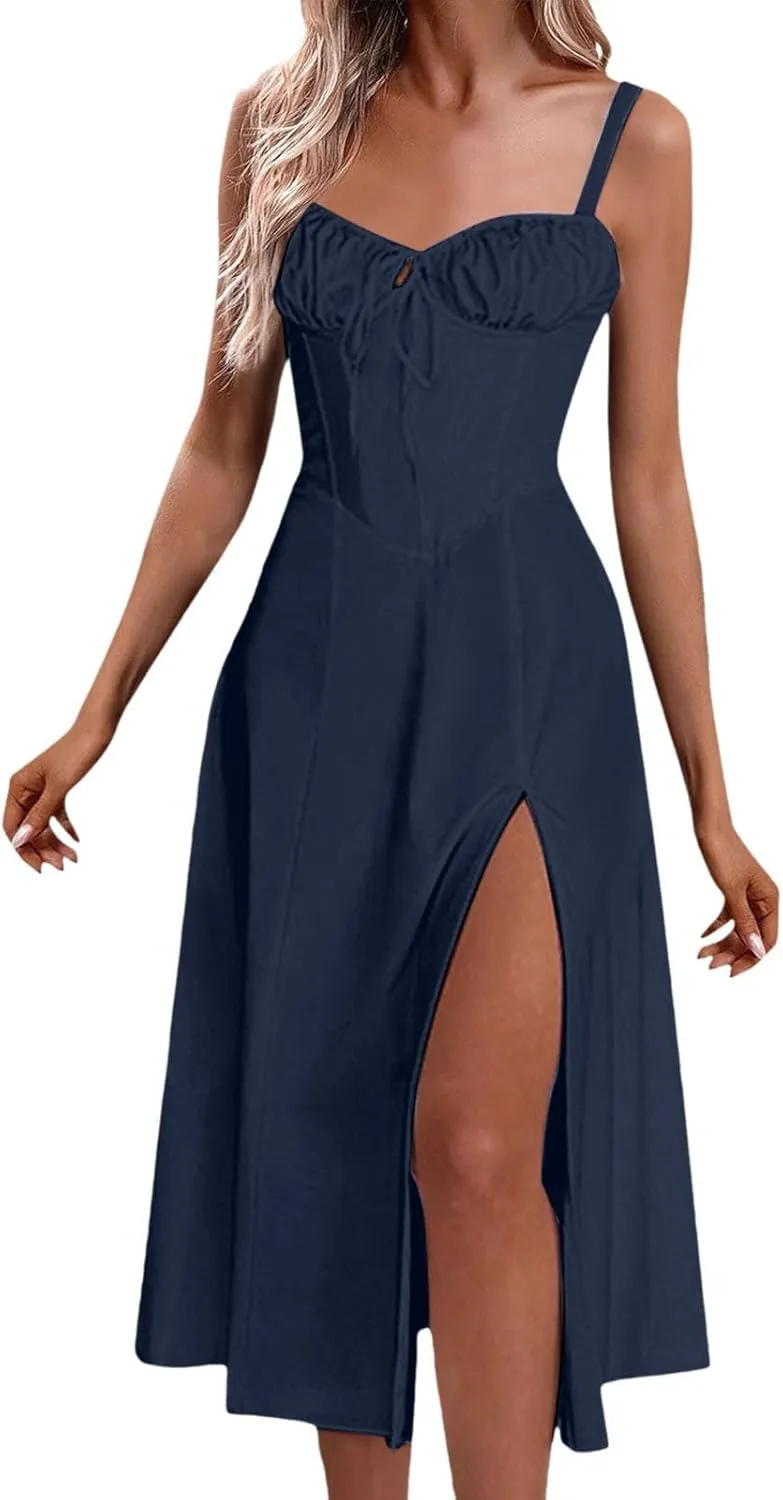 Women Floral Corset Dress Sleeveless Print Tie Dresses Spaghetti Strap Maxi Boho Flowy Slit Dress Beach Summer Dress