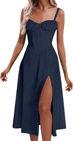 Women Floral Corset Dress Sleeveless Print Tie Dresses Spaghetti Strap Maxi Boho Flowy Slit Dress Beach Summer Dress