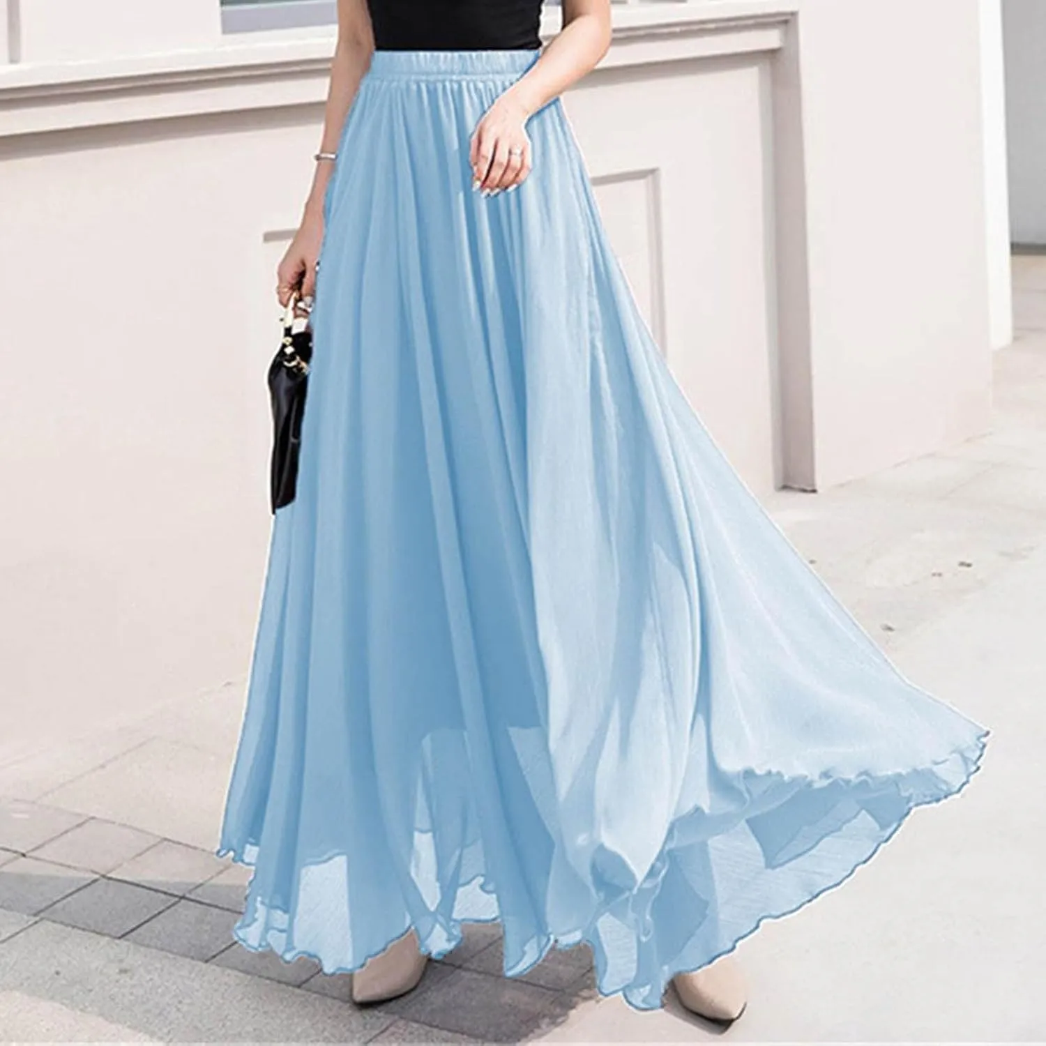 Women High Elastic Waist Pleated Chiffon Skirt Midi Swing A-line Skirts Retro Long Maxi Dress Summer Beach Dresses
