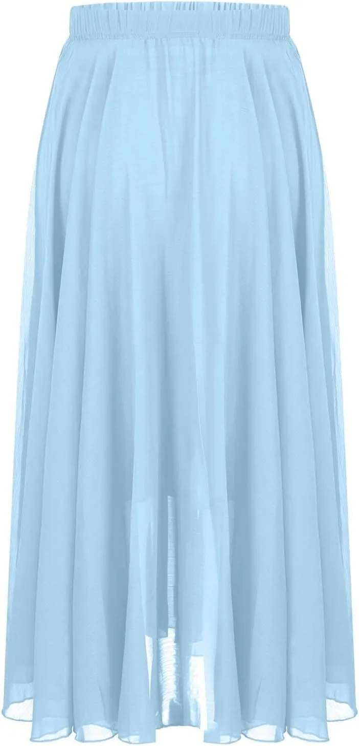 Women High Elastic Waist Pleated Chiffon Skirt Midi Swing A-line Skirts Retro Long Maxi Dress Summer Beach Dresses