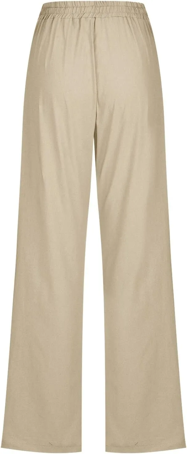 Women High Waisted Wide Leg Pants Casual Drawstring Elastic Trousers Comfy Straight Leg Long Pants Solid Color