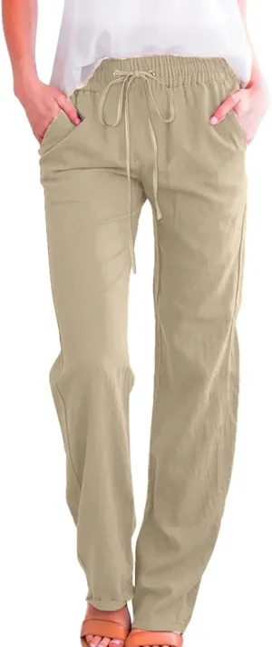 Women High Waisted Wide Leg Pants Casual Drawstring Elastic Trousers Comfy Straight Leg Long Pants Solid Color