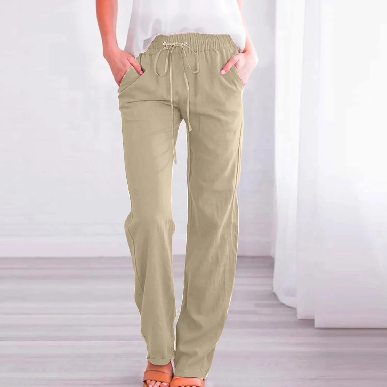 Women High Waisted Wide Leg Pants Casual Drawstring Elastic Trousers Comfy Straight Leg Long Pants Solid Color
