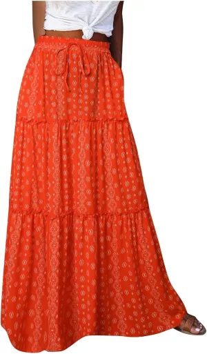 Women Lightweight Boho Maxi Skirt Summer Casual Flowy A-Line Skirts Drawstring High Waist Layered Ruffle Long Skirt