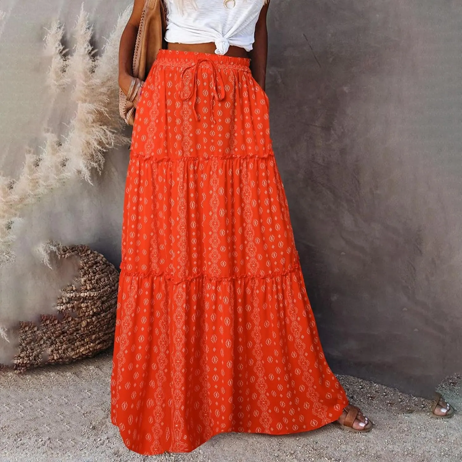 Women Lightweight Boho Maxi Skirt Summer Casual Flowy A-Line Skirts Drawstring High Waist Layered Ruffle Long Skirt