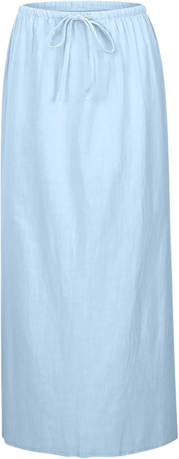 Women Linen Maxi Skirt Elastic Waist Flowy Boho A-Line Skirts Summer Vacation Beach Long Skirts 2025 Fashion
