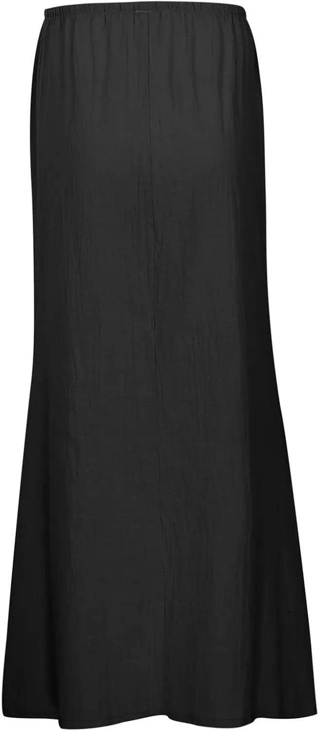 Women Linen Maxi Skirt Elastic Waist Flowy Boho A-Line Skirts Summer Vacation Beach Long Skirts 2025 Fashion