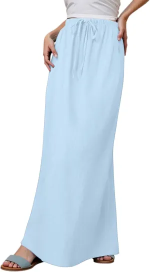 Women Linen Maxi Skirt Elastic Waist Flowy Boho A-Line Skirts Summer Vacation Beach Long Skirts 2025 Fashion