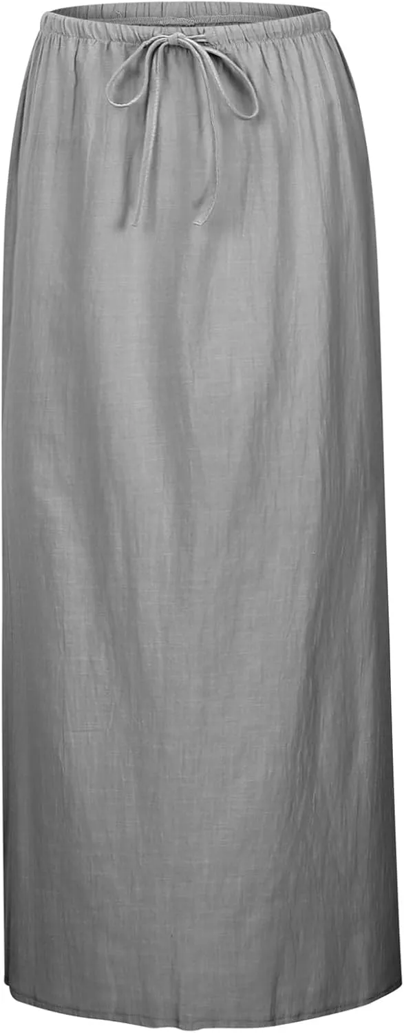 Women Linen Maxi Skirt Elastic Waist Flowy Boho A-Line Skirts Summer Vacation Beach Long Skirts 2025 Fashion