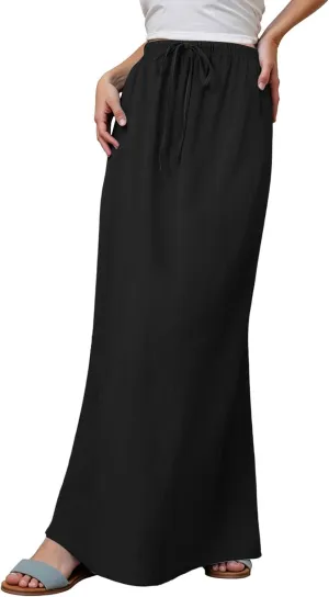 Women Linen Maxi Skirt Elastic Waist Flowy Boho A-Line Skirts Summer Vacation Beach Long Skirts 2025 Fashion
