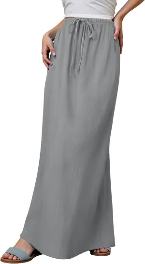 Women Linen Maxi Skirt Elastic Waist Flowy Boho A-Line Skirts Summer Vacation Beach Long Skirts 2025 Fashion