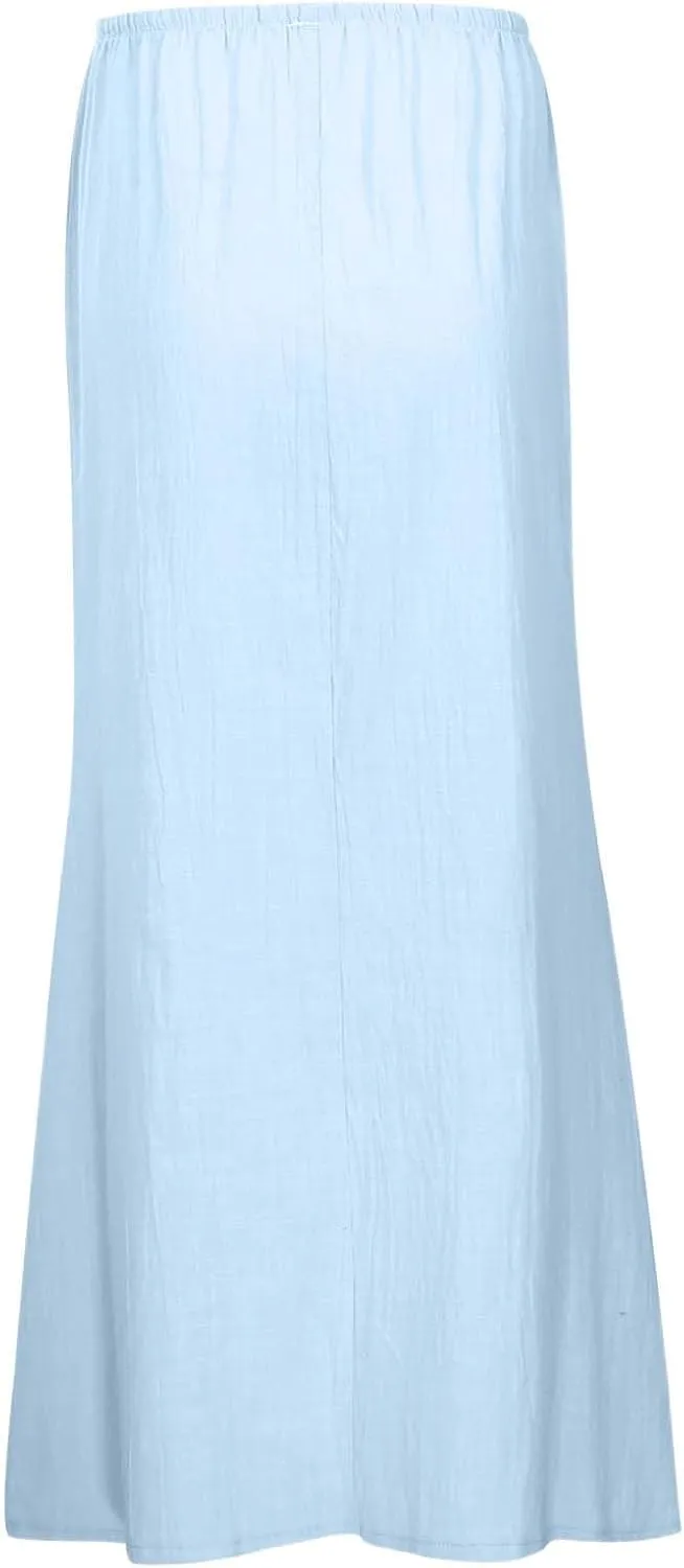 Women Linen Maxi Skirt Elastic Waist Flowy Boho A-Line Skirts Summer Vacation Beach Long Skirts 2025 Fashion
