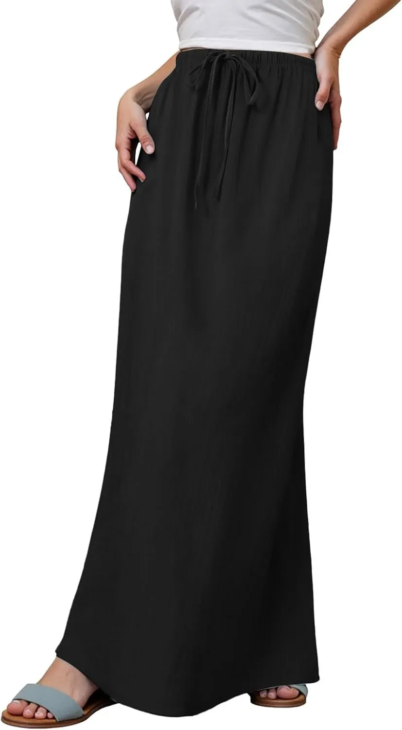 Women Linen Maxi Skirt Elastic Waist Flowy Boho A-Line Skirts Summer Vacation Beach Long Skirts 2025 Fashion