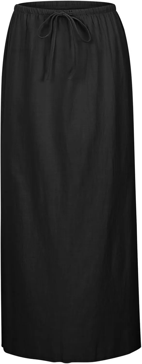 Women Linen Maxi Skirt Elastic Waist Flowy Boho A-Line Skirts Summer Vacation Beach Long Skirts 2025 Fashion