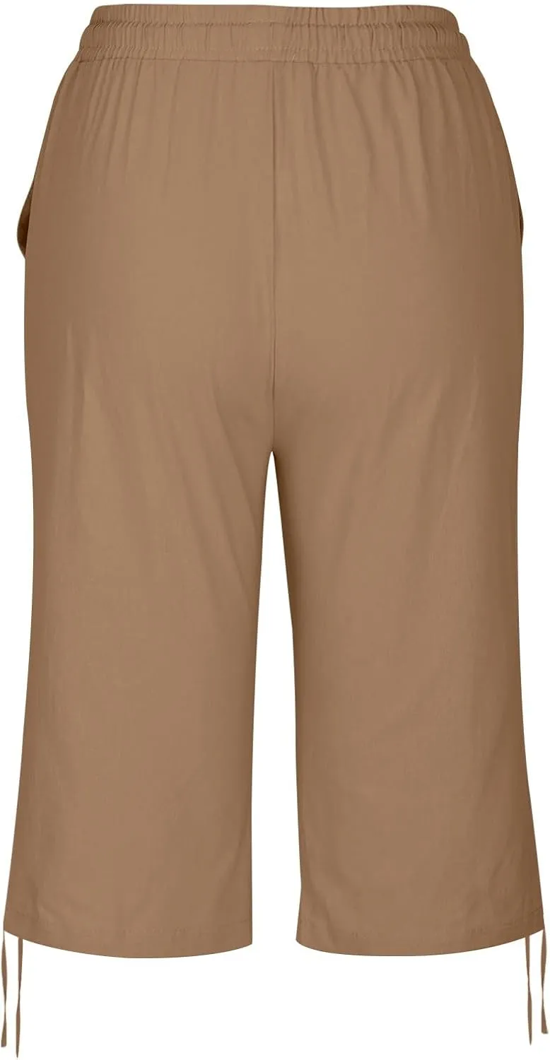 Women Linen Pants 2025 Summer Casual Capri Pants Cropped Tapered Lightweight Pants Travel Beach Outfits with Pocket