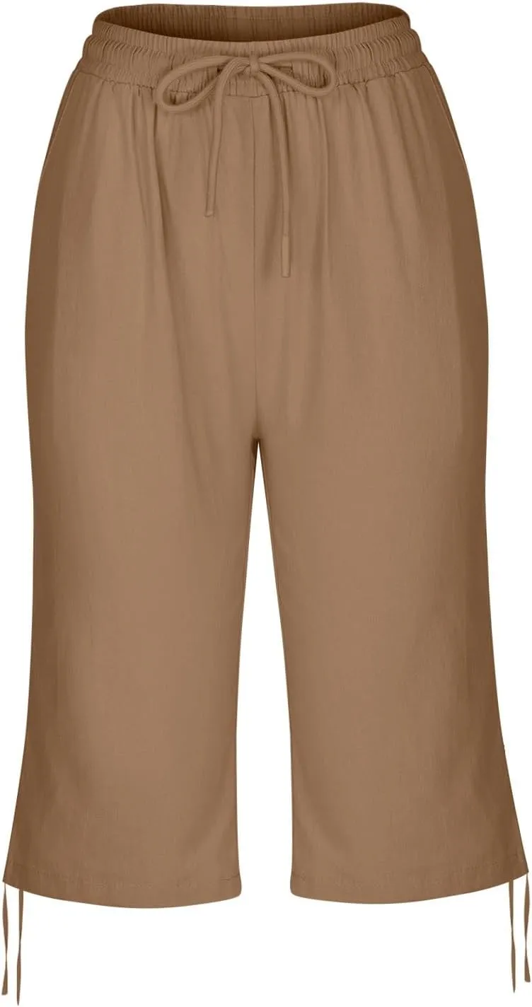 Women Linen Pants 2025 Summer Casual Capri Pants Cropped Tapered Lightweight Pants Travel Beach Outfits with Pocket