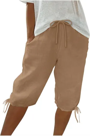 Women Linen Pants 2025 Summer Casual Capri Pants Cropped Tapered Lightweight Pants Travel Beach Outfits with Pocket