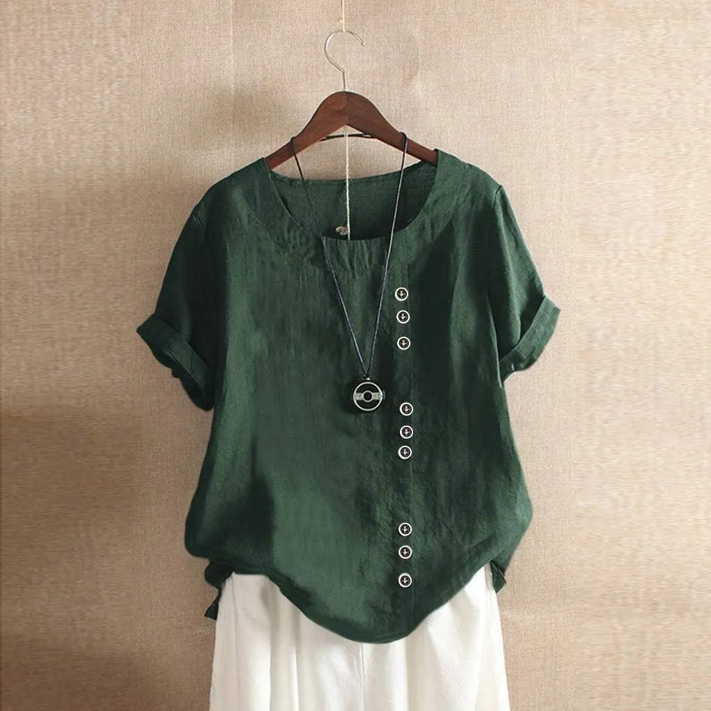 Women Linen Shirts V Neck Buttons Blouses Solid Color Soft Tee Shirt Long Sleeve Loose Fit Shirt