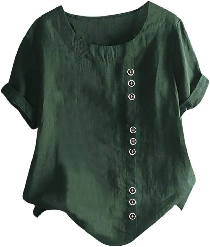 Women Linen Shirts V Neck Buttons Blouses Solid Color Soft Tee Shirt Long Sleeve Loose Fit Shirt