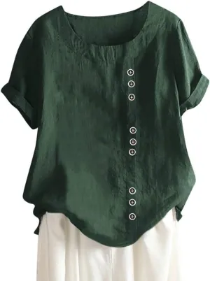 Women Linen Shirts V Neck Buttons Blouses Solid Color Soft Tee Shirt Long Sleeve Loose Fit Shirt
