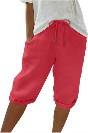 Women Linen Shorts Summer Knee Length Shorts High Waisted Bermuda Shorts Beach Capris Sweat Lounge Shorts with Pocket