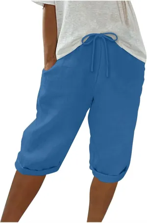 Women Linen Shorts Summer Knee Length Shorts High Waisted Bermuda Shorts Beach Capris Sweat Lounge Shorts with Pocket