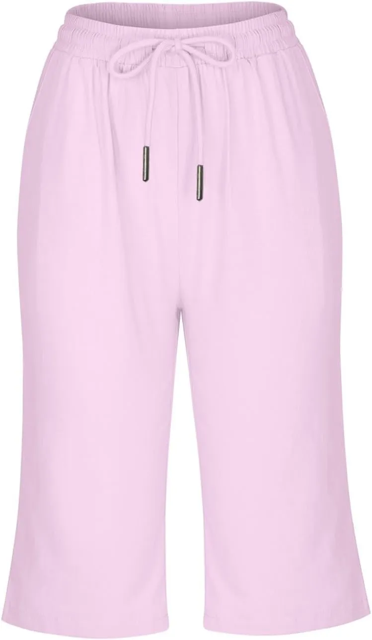 Women Linen Shorts Summer Knee Length Shorts High Waisted Bermuda Shorts Beach Capris Sweat Lounge Shorts with Pocket
