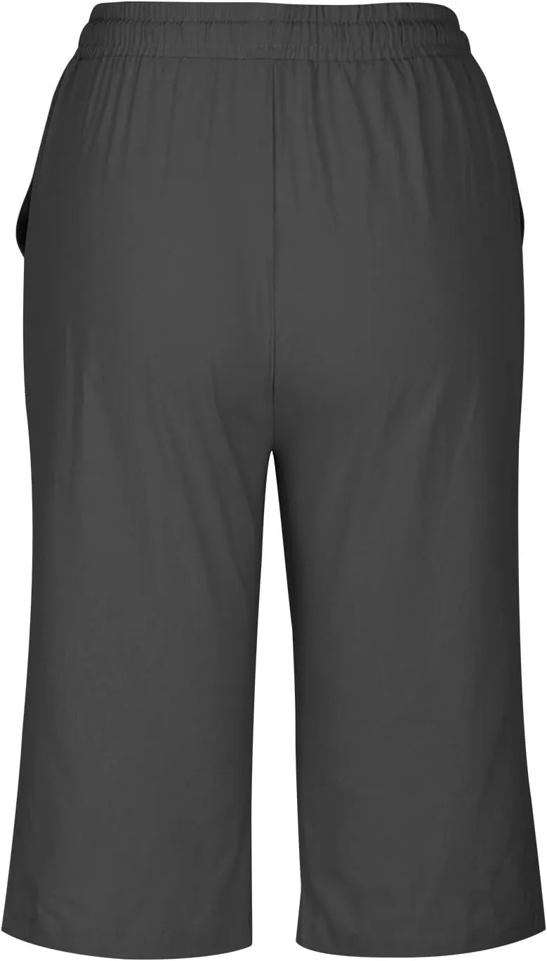 Women Linen Shorts Summer Knee Length Shorts High Waisted Bermuda Shorts Beach Capris Sweat Lounge Shorts with Pocket