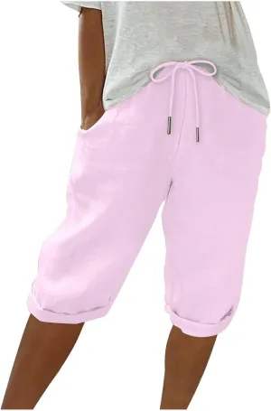 Women Linen Shorts Summer Knee Length Shorts High Waisted Bermuda Shorts Beach Capris Sweat Lounge Shorts with Pocket