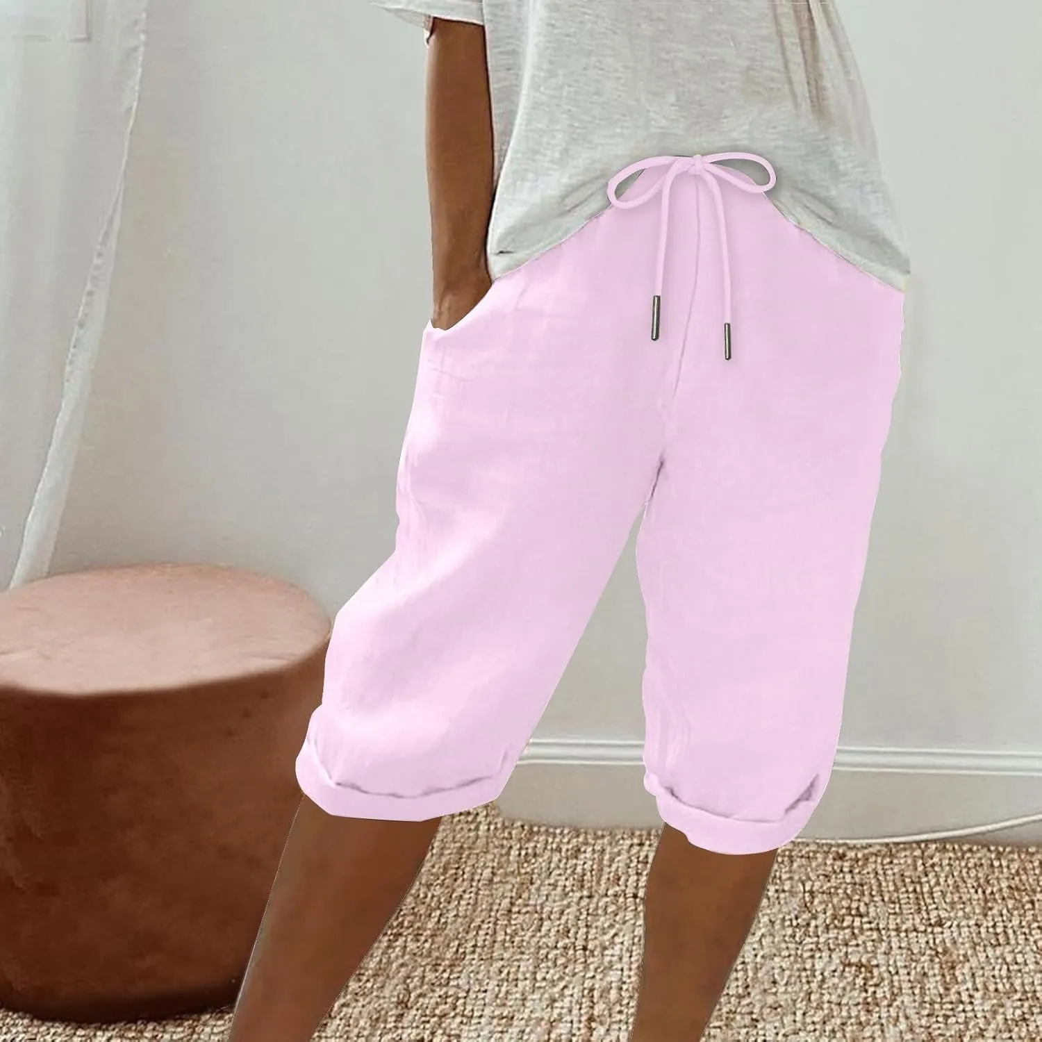 Women Linen Shorts Summer Knee Length Shorts High Waisted Bermuda Shorts Beach Capris Sweat Lounge Shorts with Pocket