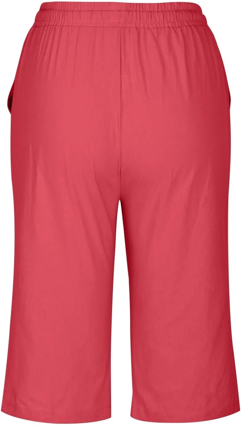 Women Linen Shorts Summer Knee Length Shorts High Waisted Bermuda Shorts Beach Capris Sweat Lounge Shorts with Pocket