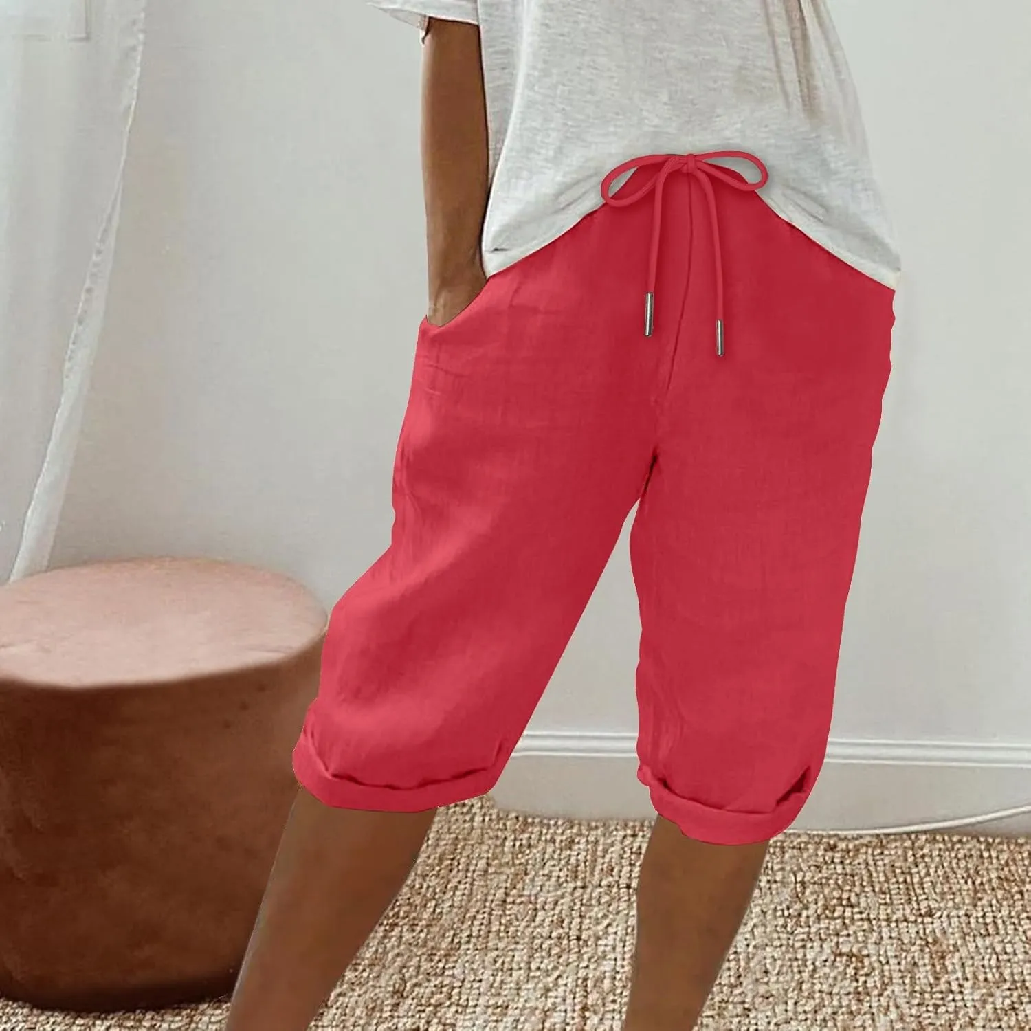 Women Linen Shorts Summer Knee Length Shorts High Waisted Bermuda Shorts Beach Capris Sweat Lounge Shorts with Pocket