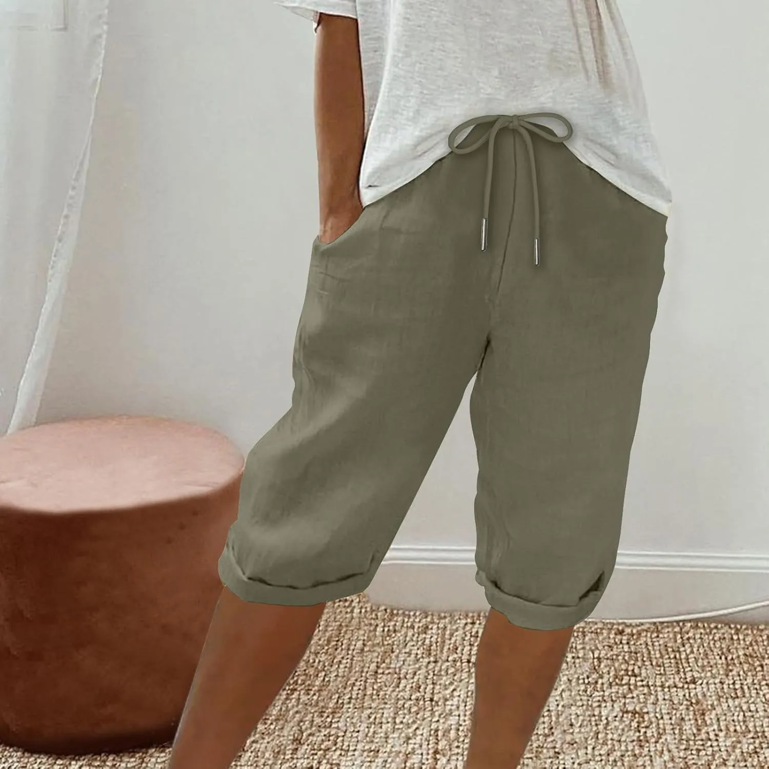 Women Linen Shorts Summer Knee Length Shorts High Waisted Bermuda Shorts Beach Capris Sweat Lounge Shorts with Pocket