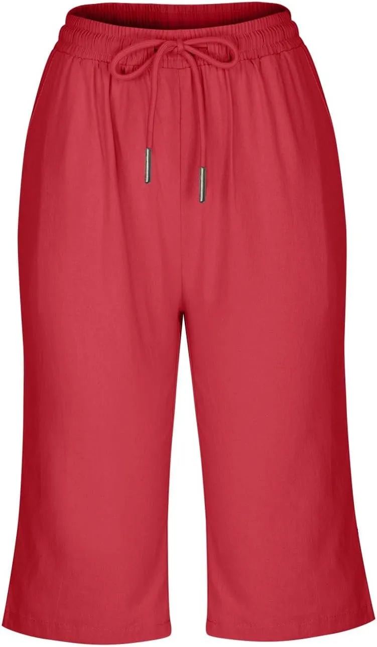 Women Linen Shorts Summer Knee Length Shorts High Waisted Bermuda Shorts Beach Capris Sweat Lounge Shorts with Pocket