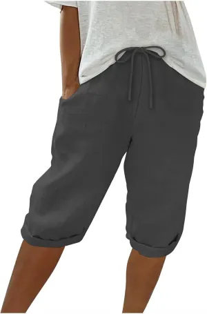 Women Linen Shorts Summer Knee Length Shorts High Waisted Bermuda Shorts Beach Capris Sweat Lounge Shorts with Pocket