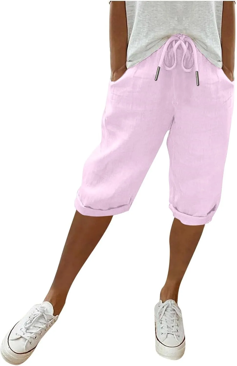 Women Linen Shorts Summer Knee Length Shorts High Waisted Bermuda Shorts Beach Capris Sweat Lounge Shorts with Pocket