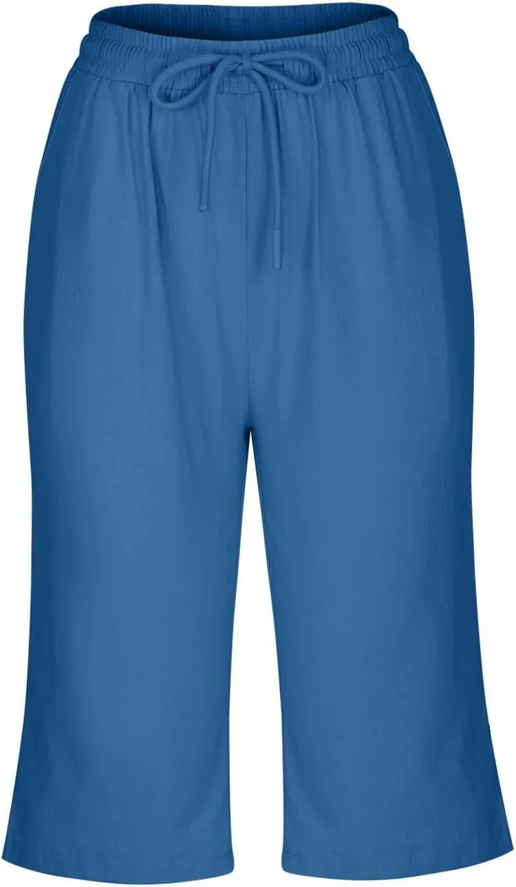 Women Linen Shorts Summer Knee Length Shorts High Waisted Bermuda Shorts Beach Capris Sweat Lounge Shorts with Pocket
